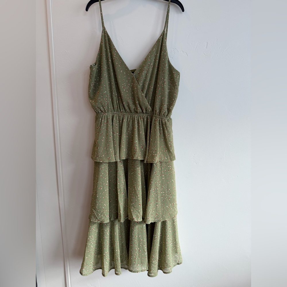 fab'rik Olive Green Layered Midi Dress Large